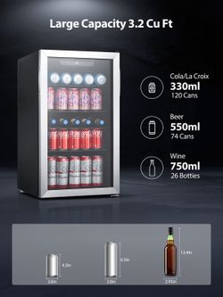 Beverage Refrigerator Cooler, 120 Cans Mini Fridge with Glass Door for Soda Beer or Wine, Drink Dispenser with Adjustable Removable Shelving, Freestan