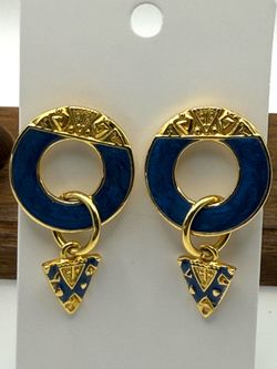 Vintage 1980s Signed Edgar Berebi Gold And Blue Enamel Earrings