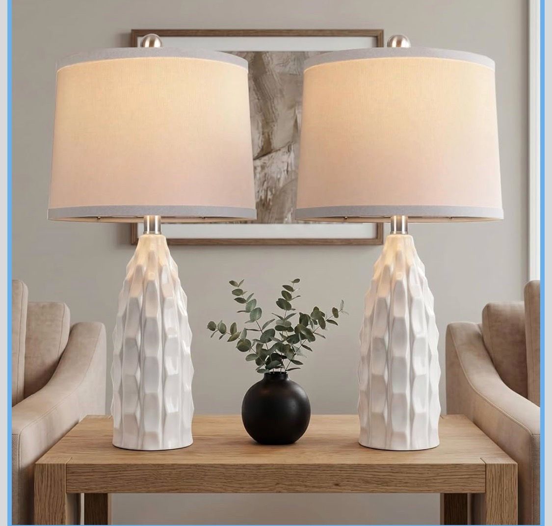 Brand New 24" Creamic Table lamp Set of 2, Modern Dimmable Beside Lamp for Living Room, Farmhouse Nightstand Lamps with Linen Shade, White Table Lamp
