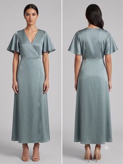 Green Satin V Neck A-Line Maxi Dress