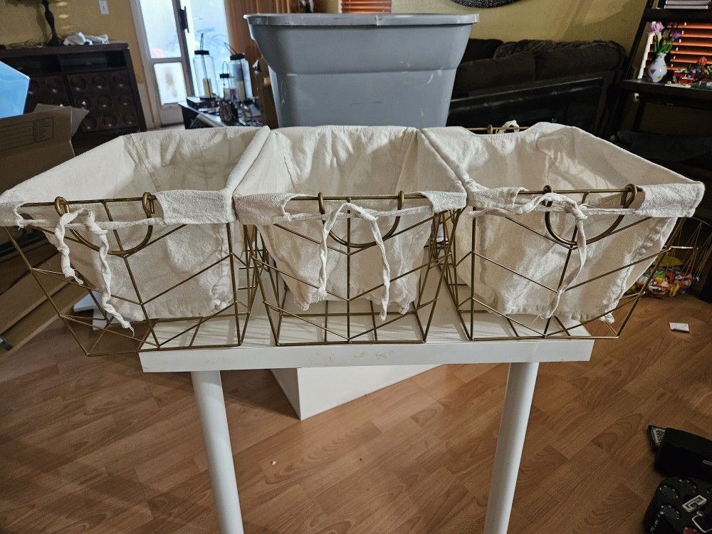 3 Gold Metal Storage Baskets
