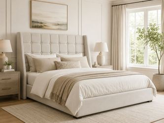 Headboard Queen Size with Charging Station, Off White Linen Wingback Headboards Queen with 2 Storage Pockets, Upholstered Headboard Only, 2 Bed Frame 