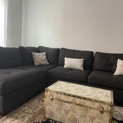 Ash black Charcoal color Linen Sectional Sofa with storage ottoman and 2 accent pillows. 