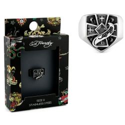 ED HARDY Men's Stainless Steel Silver-Tone Cross with Zircon Stone Ring Size 11