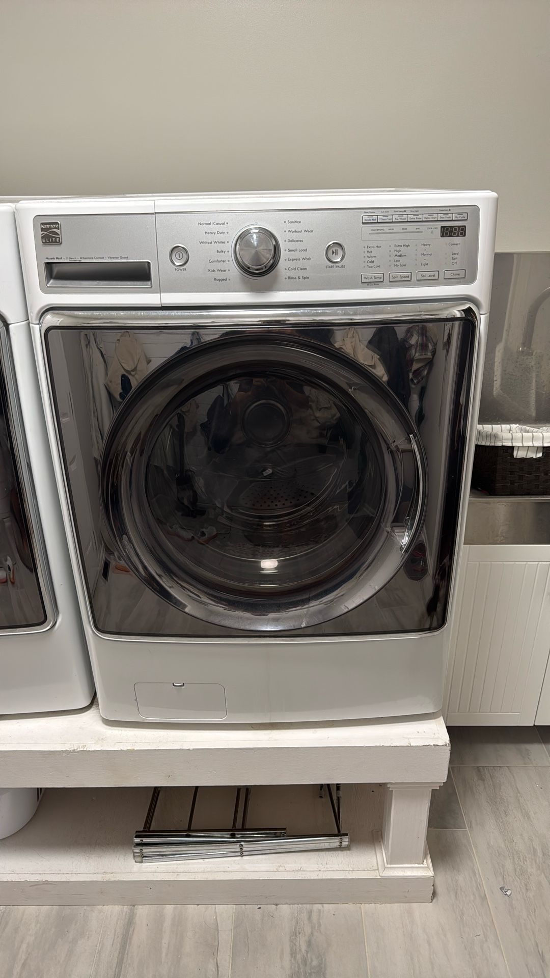 Kenmore Elite Washer and Dryer with Wood stand platform