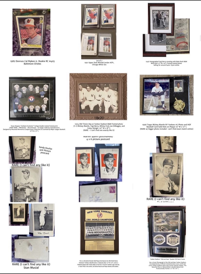 15,050 baseball & football cards, framed photographs, plaques, autographed balls, postcards, etc