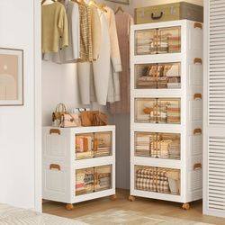 Plastic Stackable Storage Bins with Lids and Wheels, Foldable Storage Containers for Closet, Collapsible Clear Storage Cabinet with Doors White 9.3Gal