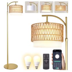 Bohemian Rattan Floor Lamp for Living Room​​ - Golden Arc Design, 12W LED (1 in use + 1 Spare), Remote & Dimmable 3 - Color Temp, Tall Standing Lamp