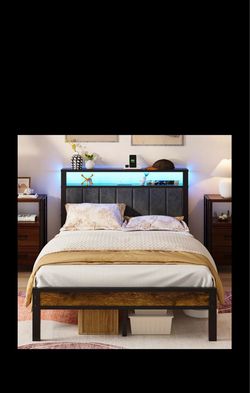 Bed Frame Metal Platform Bed with 2 Tier Storage & LED Headboard, Charging Station Type C, No Box Spring Needed, Full Size,