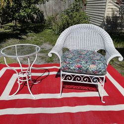 Patio Chair With Cushion And Small Table With Glass (Metal, Rattan And Glass) Good Condition $70 Firm On Price