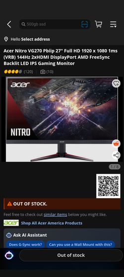 Acer 27" 1920 x 1080 144Hz lED Gaming Monitor