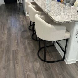 Modern Beige Fabric Upholstered Barrel Counter Height Bar Stools with Black Metal Frame Set Of 3