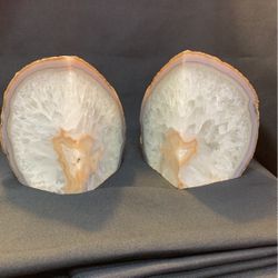 Beautiful Geode Agade Crystal Quartz Book End Halves Polished Mineral Gemstones 5 1/2”