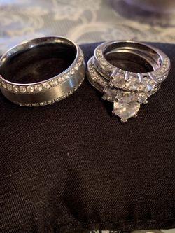 Ring Bridal Set His Hers Women White Gold Plated Heart Cz Man Titanium