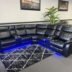 Black Leather Sofa Sectional w/ LED Lights 
