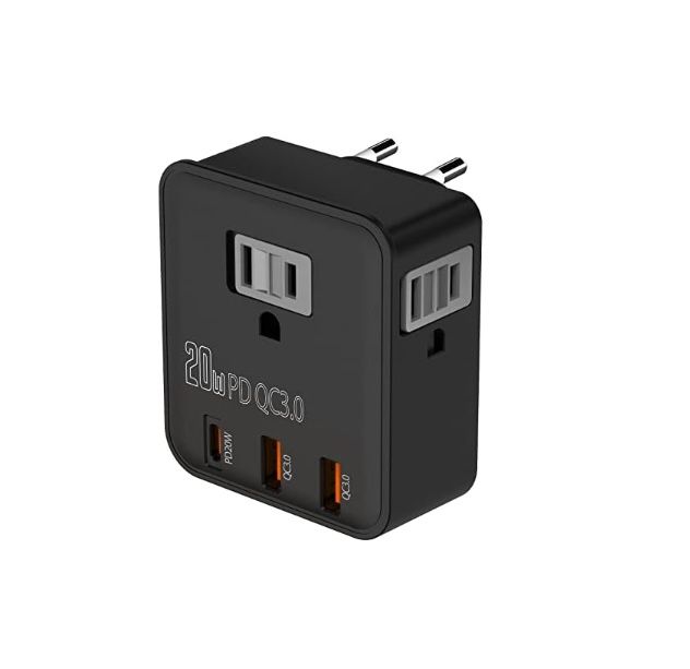 European Travel Plug Adapter (Not for UK) Fast Charger for iPhone for iPad 20W PD USB C & Quick Charge QC 3.0, 2500W Power Adaptor 3 US Outlets US to