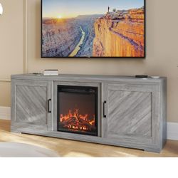 BELLEZE Modern 58" Farmhouse TV Stand with 18" Electric Fireplace Heater & Media Entertainment Center for TV up to 65", Console Table with Storage Cab
