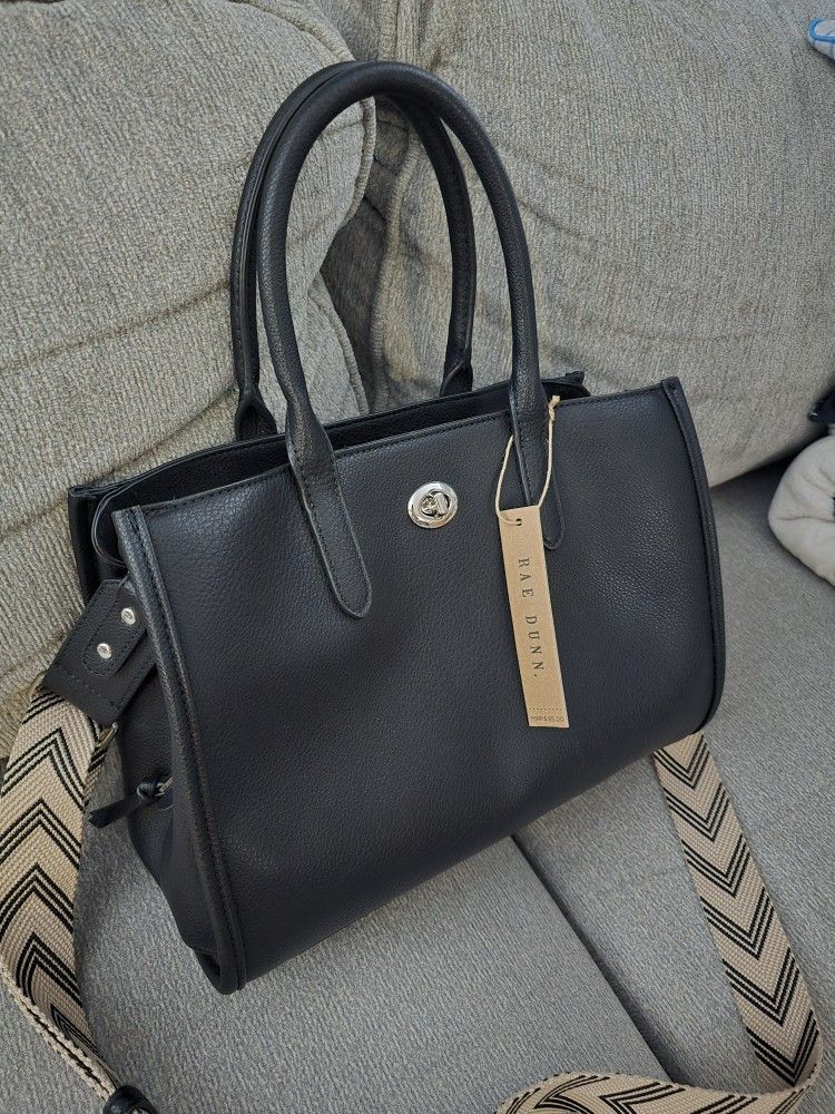 Brand New Rae Dunn With Tag Tote Purse Black Vegan Leather with Removeable Chevron Strap