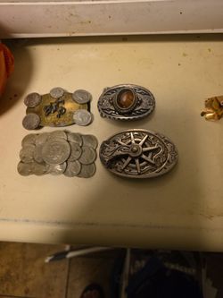 Vintage Western Belt Buckle Lot," "Folk Art Buffalo Nickel Buckle," "Tigers Eye Cowboy," and "Wagon Wheel Steampunk Americana