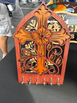 Layered Wood Cross Key Holder Wall Rack