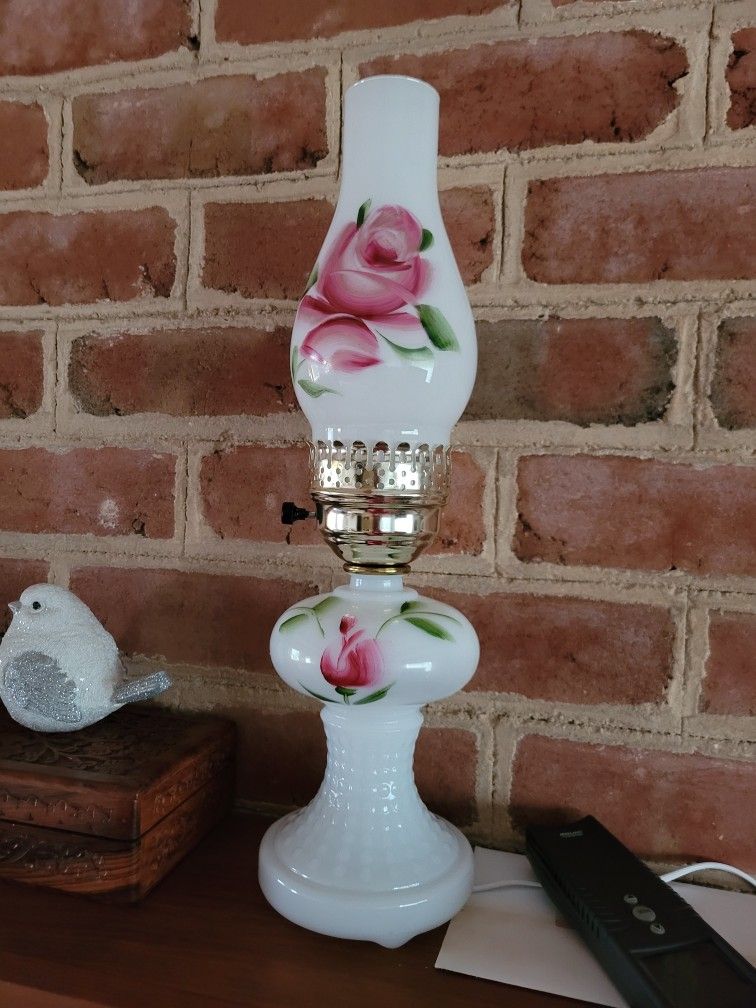 Antique Rose Pattern Milk Glass Lamps 