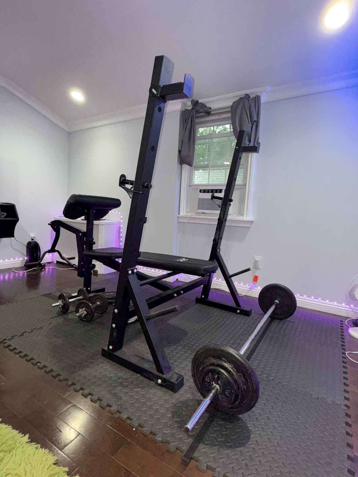 Workout Bench, Weights, Barbell, Dumbbells