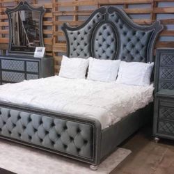 Upholstered  Bedroom Set Queen or King Bed Dresser Nightstand and mirror Chest Options Voltare 