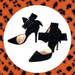 Rainbow Cat Black Velvety Feel Ankle Strap w Bow Stiletto Heels 4.5” Women 36 (5.5 or 6)