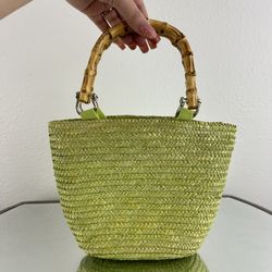 ST. JOHNS BAY Vintage Y2K Lime Green Woven Wheat Straw Bamboo Handle Mini Purse