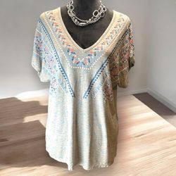 Democracy Gray V-Neck Peasant Boho Cowgirl Top Aztec Southwestern Print Sz Large