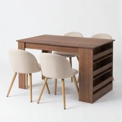 Homy Casa ELROY 5PC Dining Set Brown Table 43.3" with 4PC Light Beige Fleece Fabric Dining Chairs