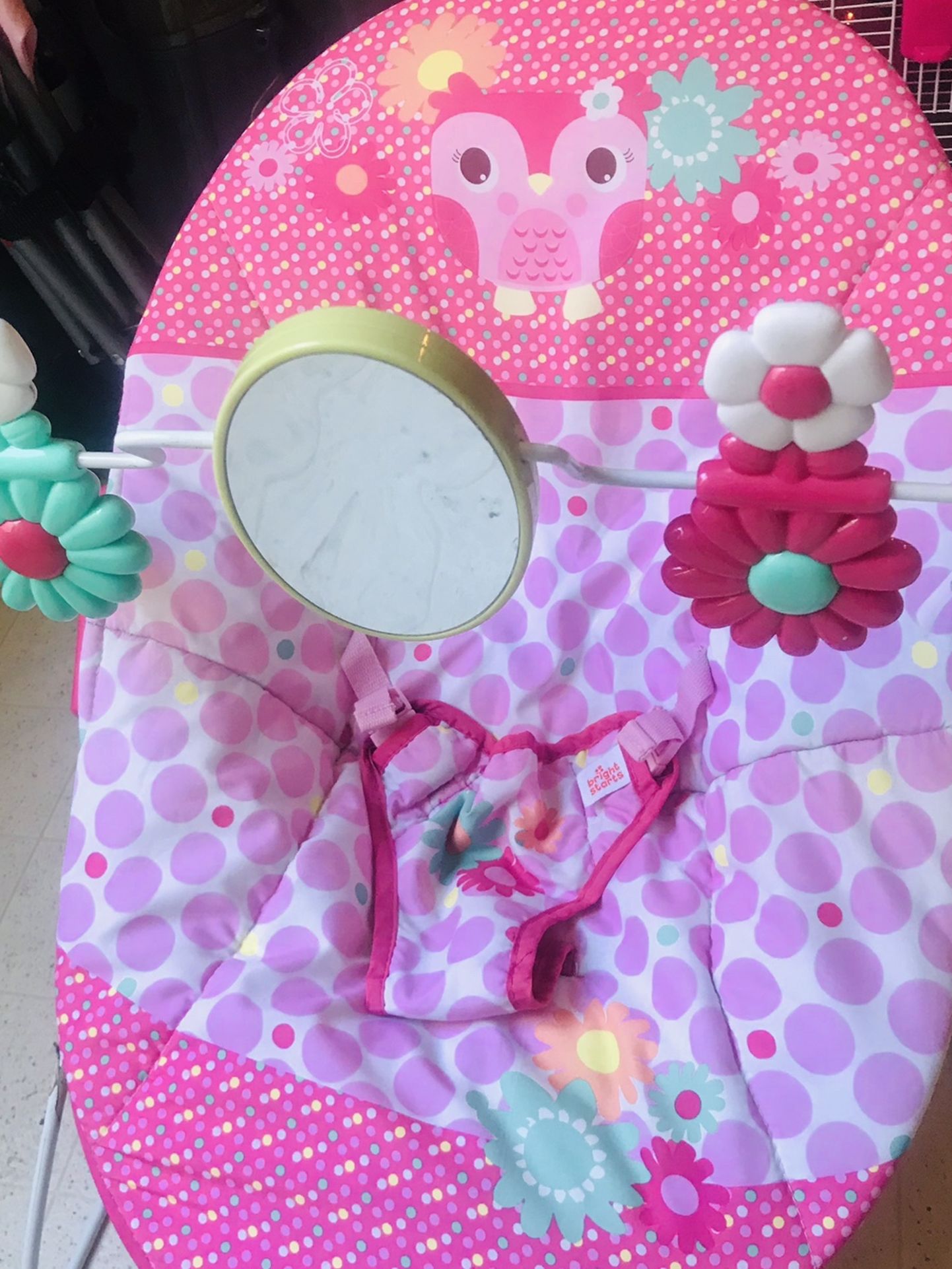 Bright starts bouncer pink green white owl flowers! Practically new!