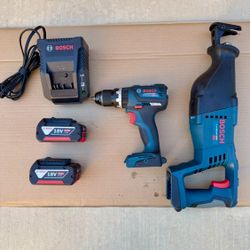 Bosch 18V Hammer drill and Reciprocating Saw with two 4.0 Ah batteries and a charger