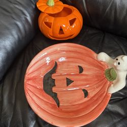 Glass Halloween Decorations- Pumpkin Plus Lrg Ghost Platter