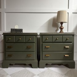 Set Of Dark Green Nightstands With Wooden Top