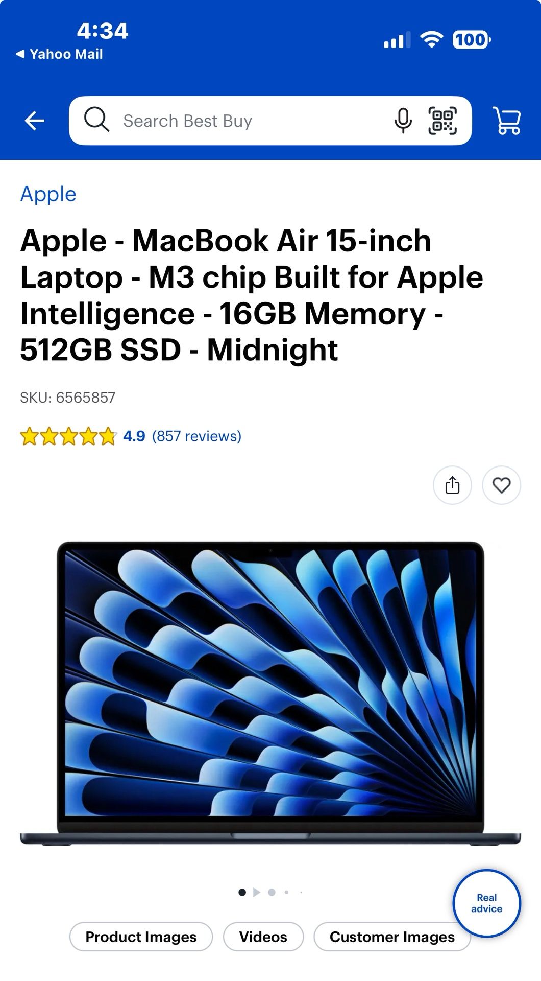 Apple MacBook Air 15 Inch Laptop, M3 Chip, 16 GB Memory, 512 GB SSD