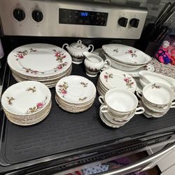 47 Piece Vintage Royal Rose Fine China & Silverware Set