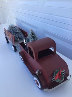 Christmas Vintage Red Truck with Tree Trailer Decor