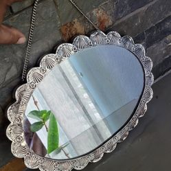 Old Antique Turkish 900 Silver Repousse Wedding Mirror By Neco  9.75"X7"