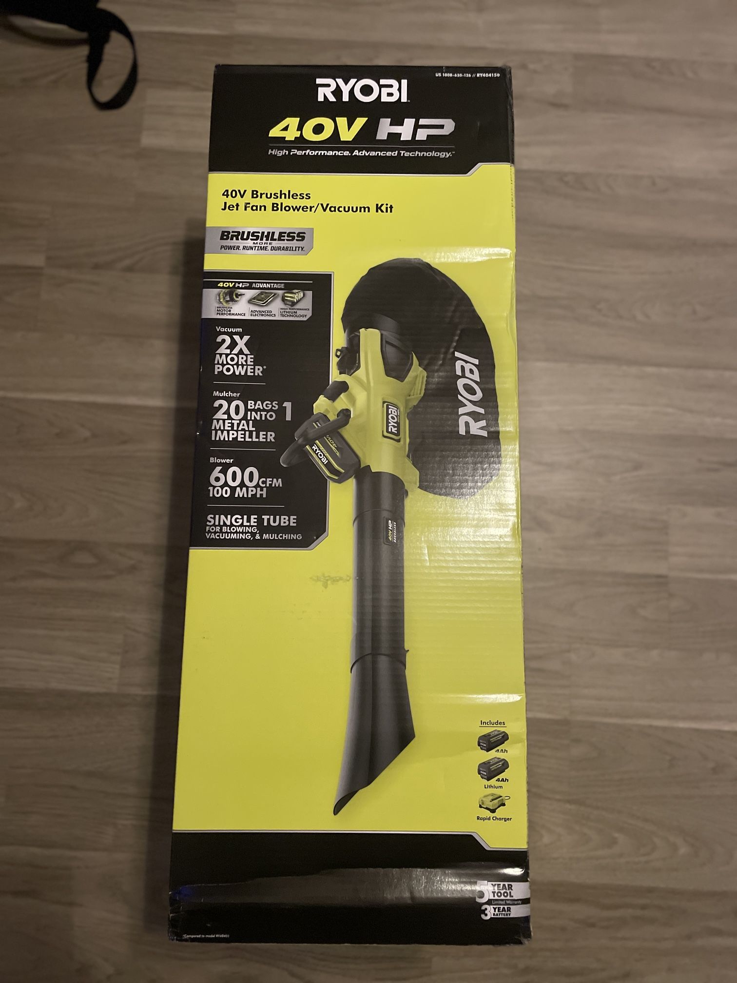RYOBI 40V HP Brushless 100 MPH 600 CFM Cordless Leaf Blower/Mulcher/Vacuum with (2) 4.0 Ah Batteries and Charger