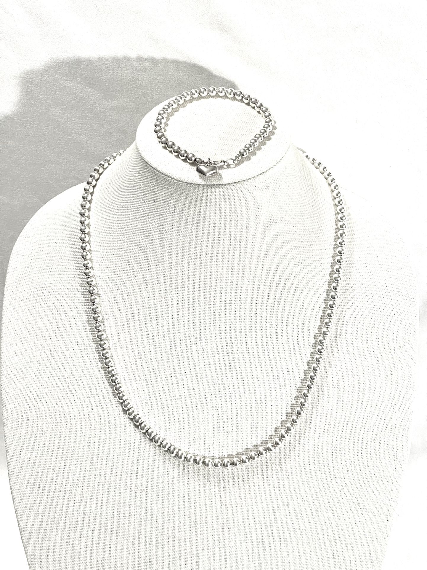 Vintage Never Worn 20” Sterling Silver Bead, Strand Necklace With 7” Sterling Silver Bead, Strand Bracelet with heart pendant