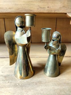 Two Vintage MCM Mid-century Modern Brass Angel Candle Holder Christmas Holiday