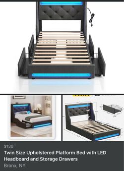 Twin Size Upholstered Platform Bed with LED Headboard and Storage Drawers