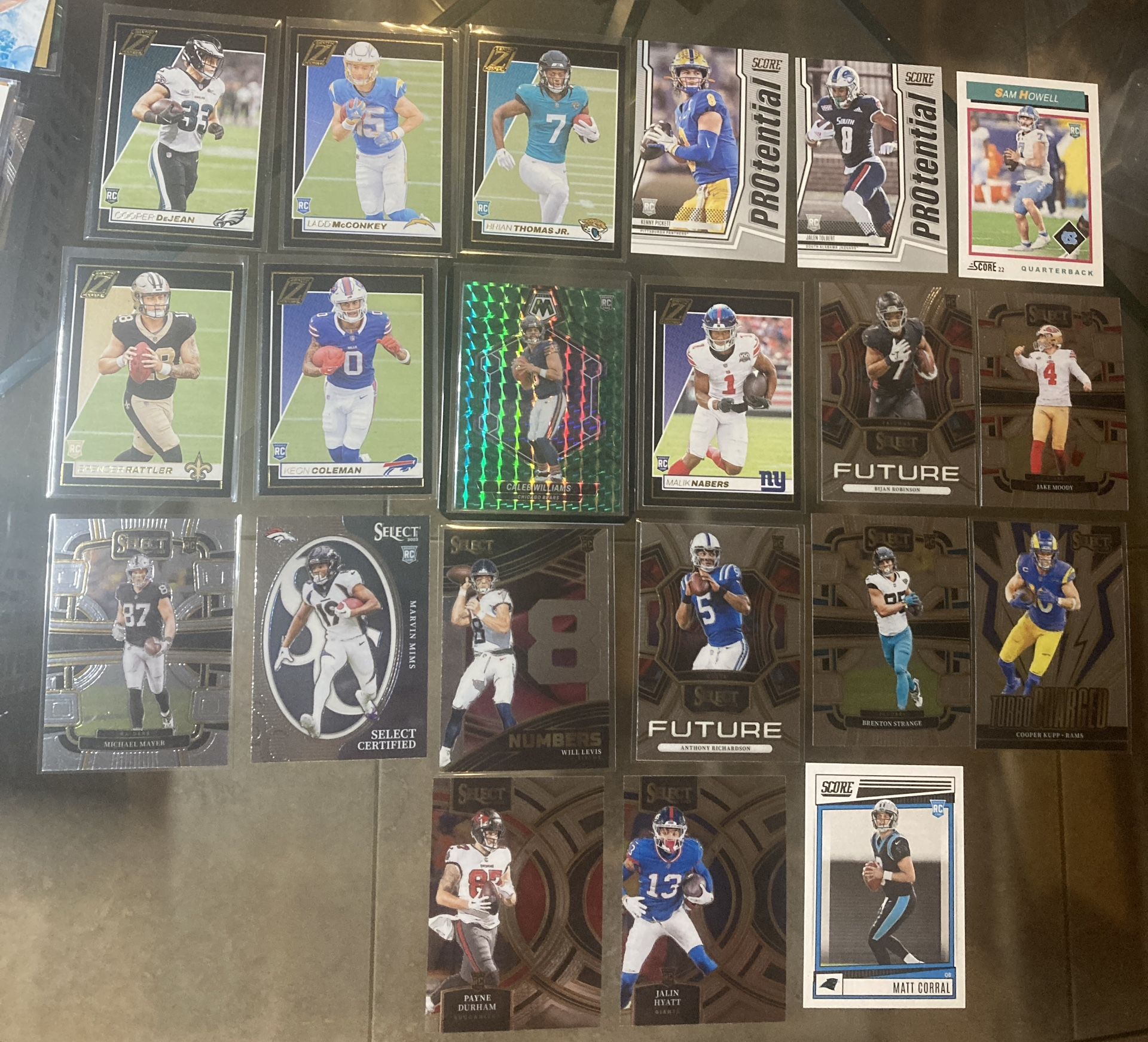 21 football 2024 RC Card Lot 2024 Panini Mosaic Caleb Williams RC Green Prizm Rookie #301 , also Ladd McConkey , Malik Nabers ,Keon Coleman ,Spencer R