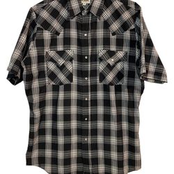 Ely Cattleman Black Plaid Short Sleeve Pearl Snap Western Cowboy Shirt Medium