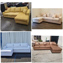 New 9x5.5ft And 5.5x9ft SECTIONAL CHAISE. MARIGOLD Cream Velvet WHITE FABRIC  And DAKOTA CAMEL LEATHER CHAISE 