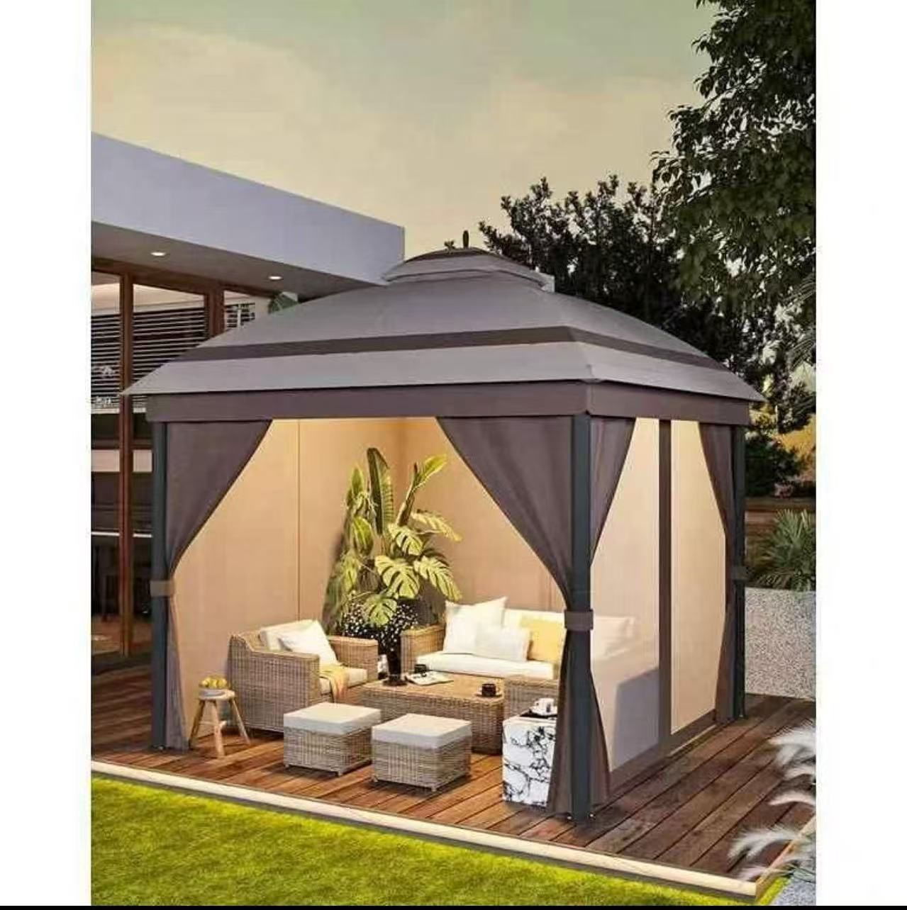 10´x10´ Patio Gazebo,Outdoor Gazebo with Roof Reinforcing Bars,Curtains Nettings,and Double Roof $170