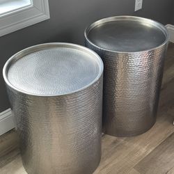 Two Brushed Nickel Drum Accent Tables