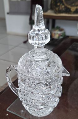 Vintage cut glass covered pitcher,7.5" tall,3.5" diameter,floral cut pattern