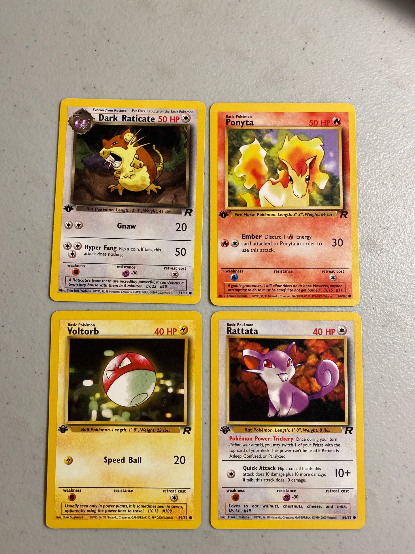 1st Edition Pokémon cards: Dark Raticate, Ponyta, Voltorb, Rattata 1999-2000